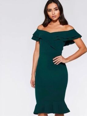 Emerald Green Ruffle Semi Formal Midi Dress (Size M)